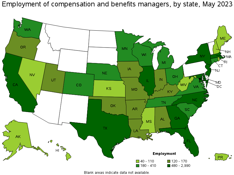 Map of employment of compensation and benefits managers by state, May 2023