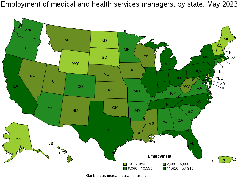 Map of employment of medical and health services managers by state, May 2023