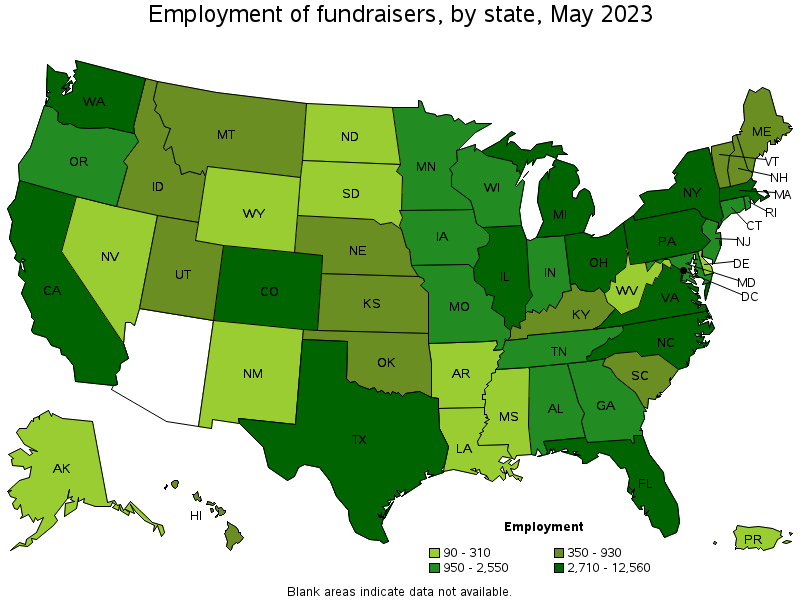 Map of employment of fundraisers by state, May 2023
