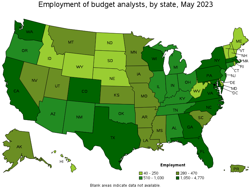 Map of employment of budget analysts by state, May 2023
