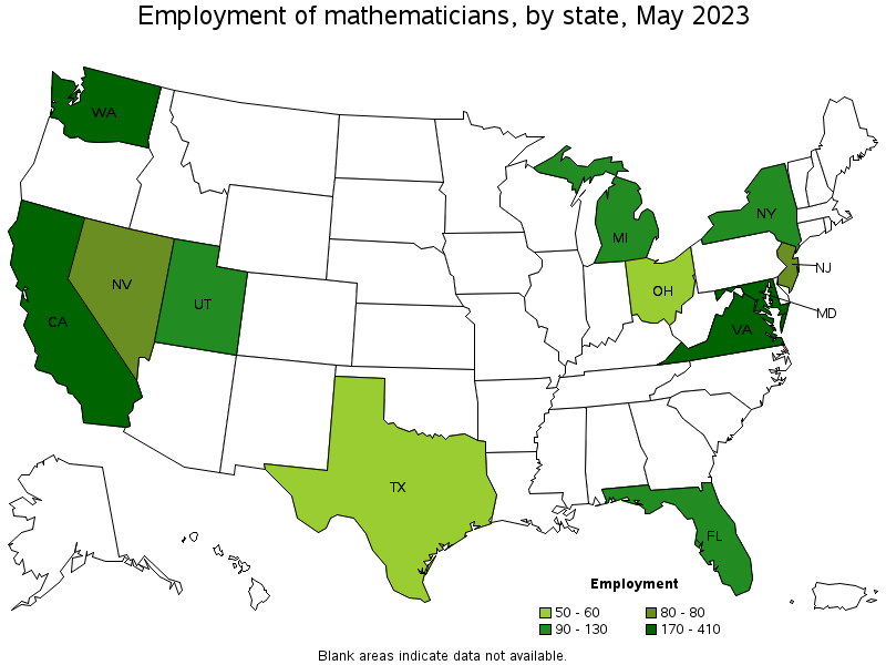 Map of employment of mathematicians by state, May 2023