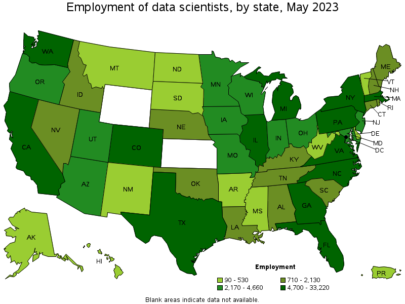 Map of employment of data scientists by state, May 2023