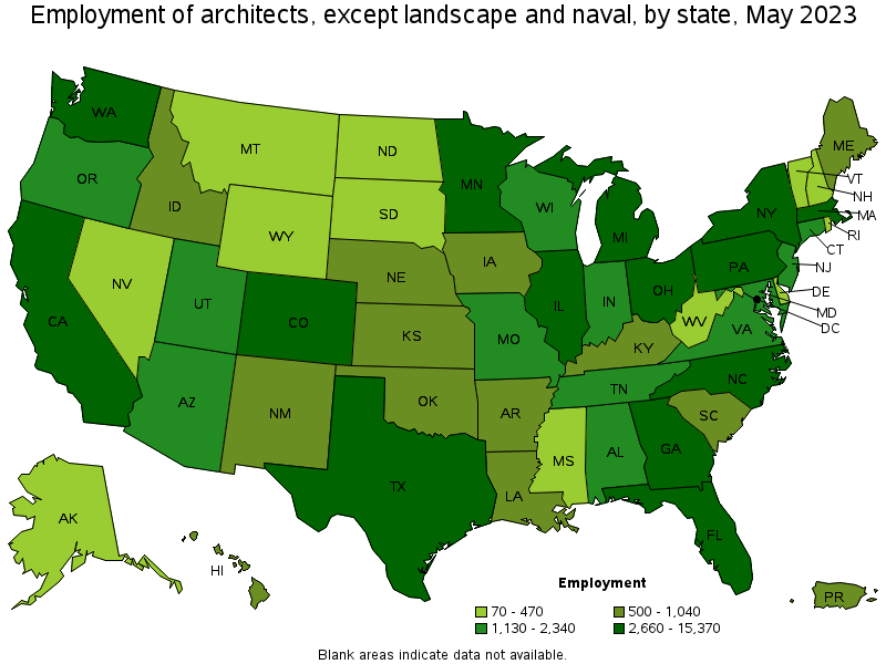 Map of employment of architects, except landscape and naval by state, May 2023