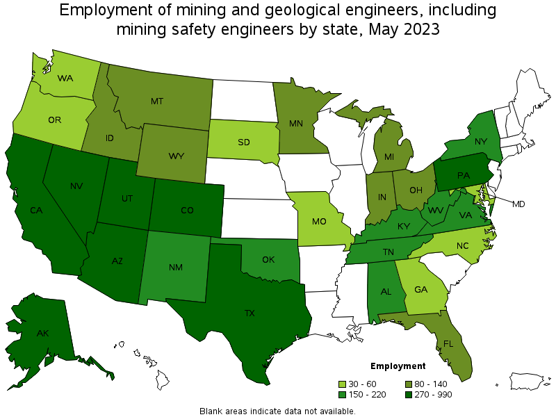 Map of employment of mining and geological engineers, including mining safety engineers by state, May 2023