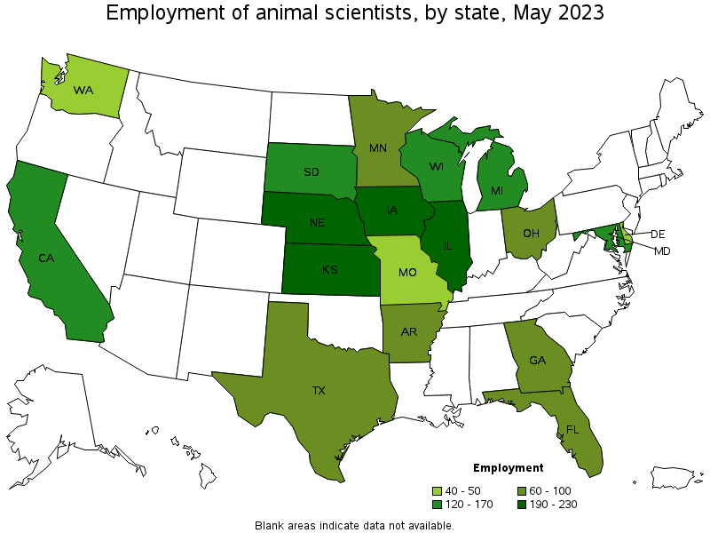 Map of employment of animal scientists by state, May 2023