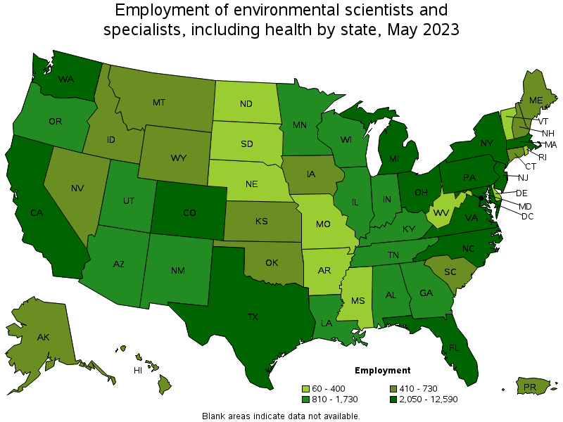 Map of employment of environmental scientists and specialists, including health by state, May 2023