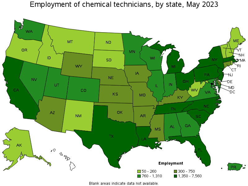 Map of employment of chemical technicians by state, May 2023