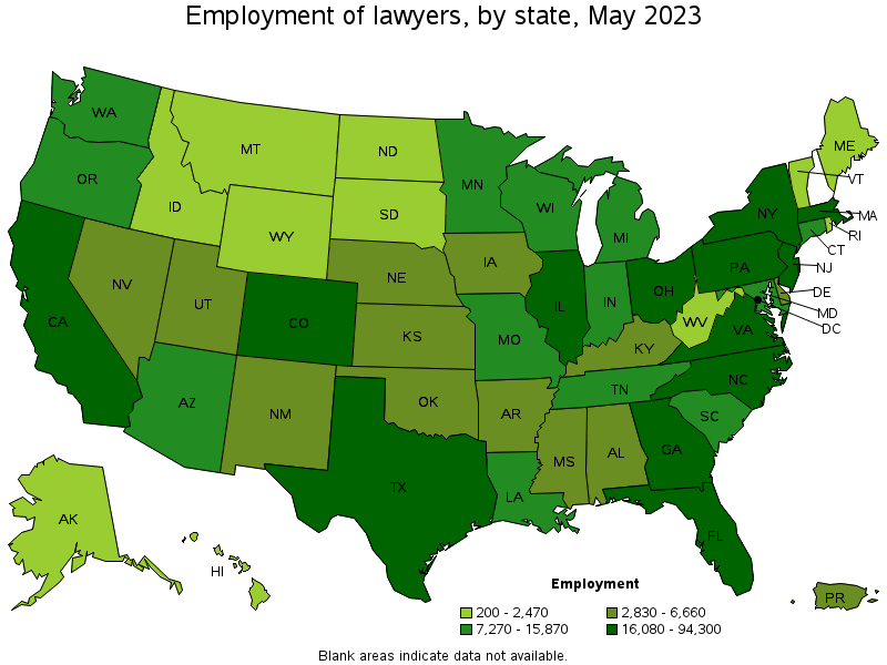 Map of employment of lawyers by state, May 2023