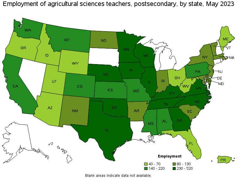 Map of employment of agricultural sciences teachers, postsecondary by state, May 2023