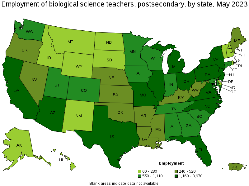 Map of employment of biological science teachers, postsecondary by state, May 2023