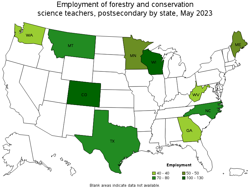 Map of employment of forestry and conservation science teachers, postsecondary by state, May 2023