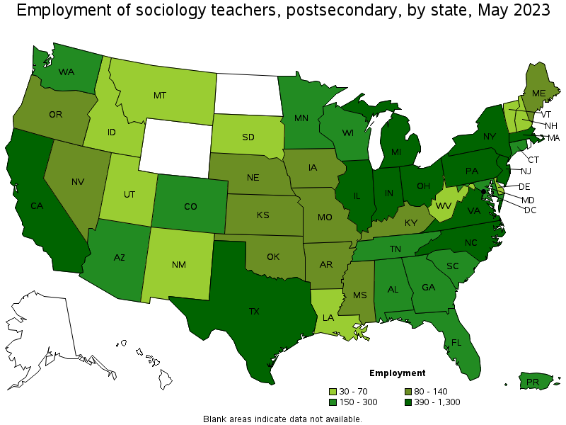 Map of employment of sociology teachers, postsecondary by state, May 2023