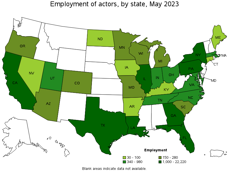 Map of employment of actors by state, May 2023