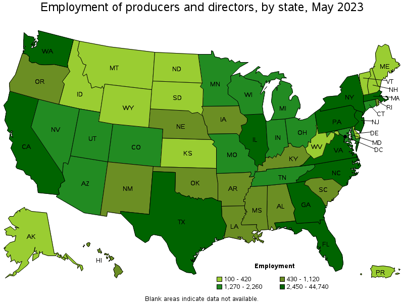 Map of employment of producers and directors by state, May 2023