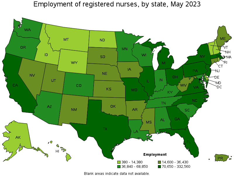 Map of employment of registered nurses by state, May 2023