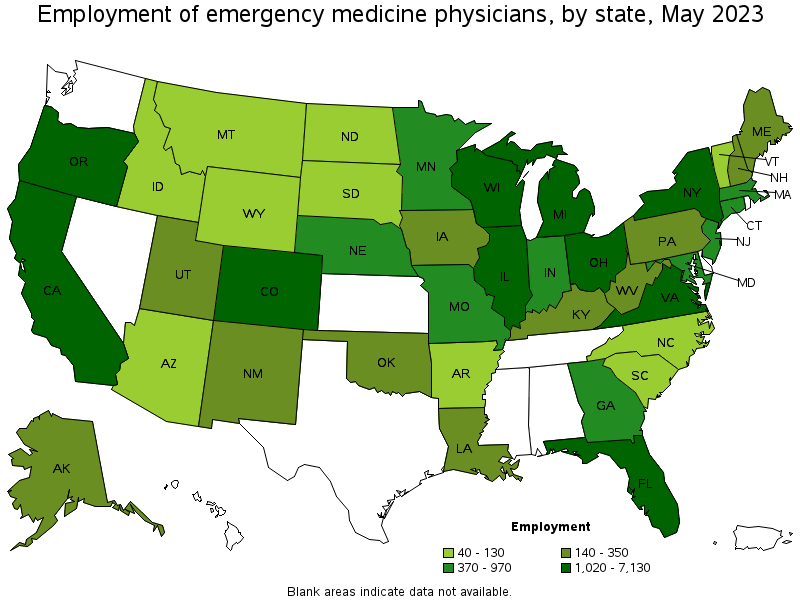 Map of employment of emergency medicine physicians by state, May 2023