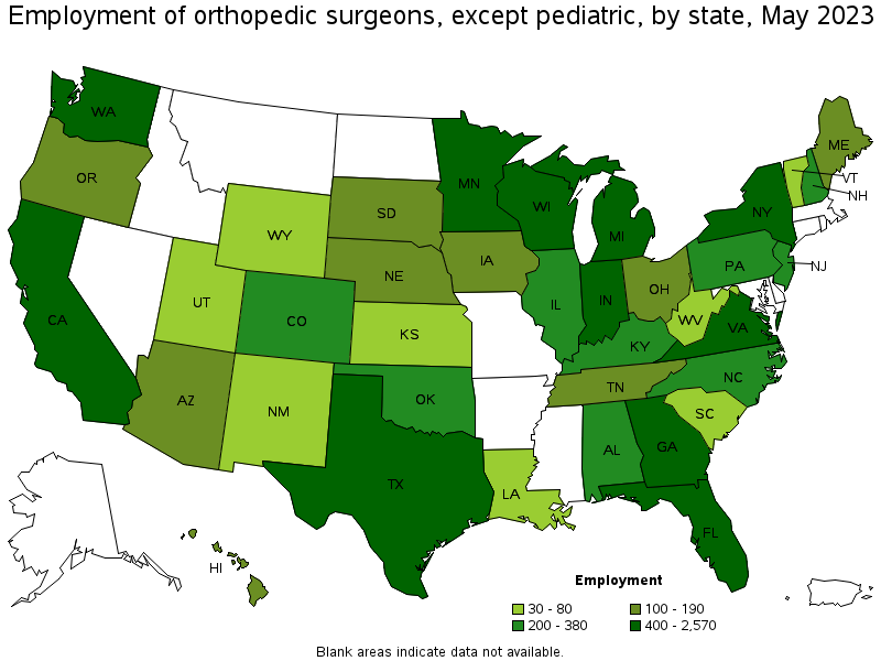 Map of employment of orthopedic surgeons, except pediatric by state, May 2023