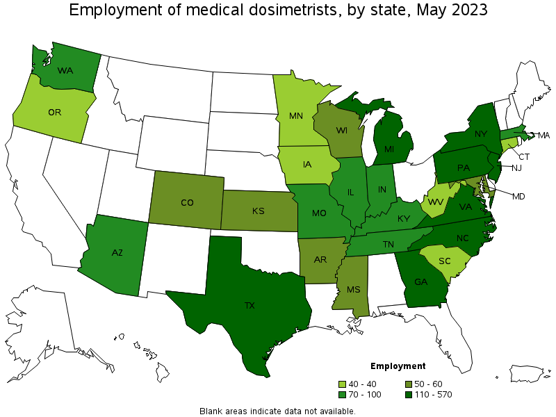 Map of employment of medical dosimetrists by state, May 2023