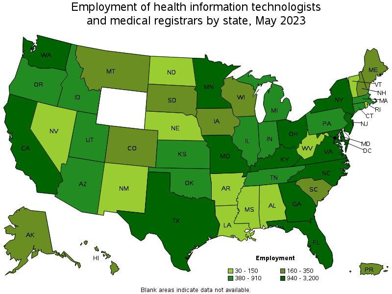Map of employment of health information technologists and medical registrars by state, May 2023