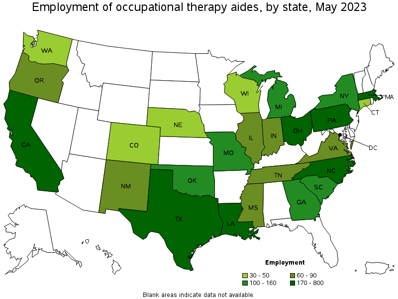 Map of employment of occupational therapy aides by state, May 2023