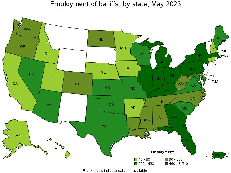 Map of employment of bailiffs by state, May 2023