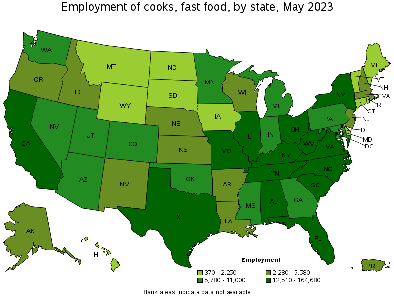 Map of employment of cooks, fast food by state, May 2023
