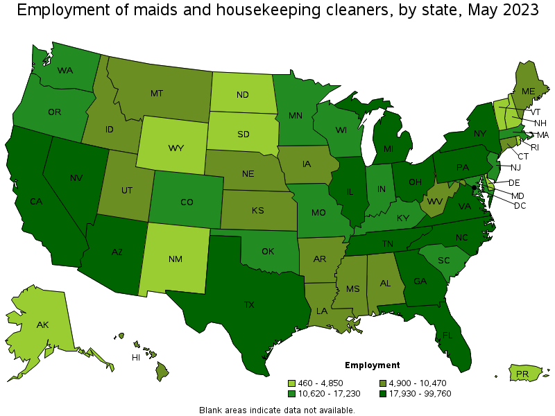 Map of employment of maids and housekeeping cleaners by state, May 2023