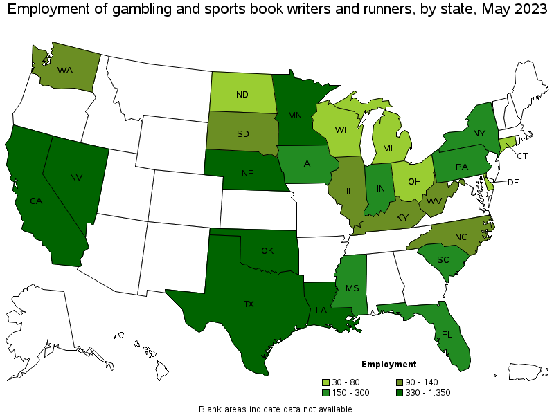 Map of employment of gambling and sports book writers and runners by state, May 2023