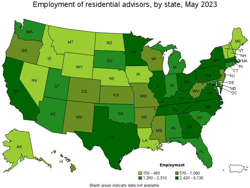 Map of employment of residential advisors by state, May 2023