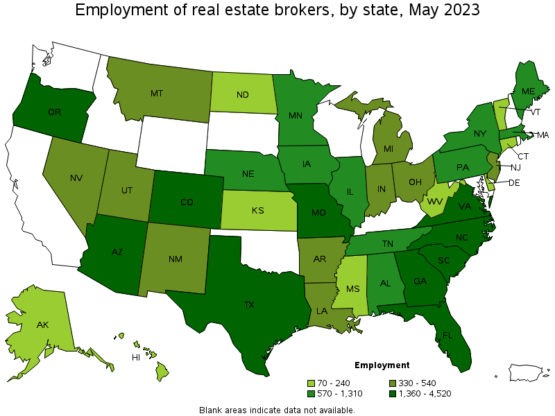Map of employment of real estate brokers by state, May 2023