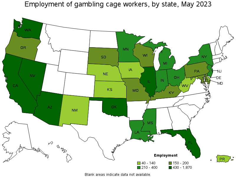 Map of employment of gambling cage workers by state, May 2023