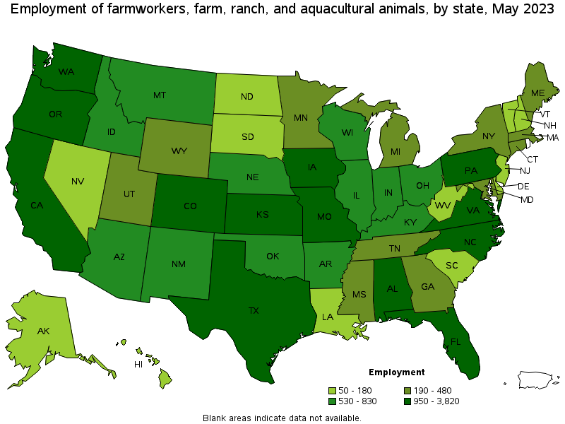 Map of employment of farmworkers, farm, ranch, and aquacultural animals by state, May 2023