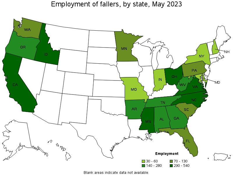 Map of employment of fallers by state, May 2023