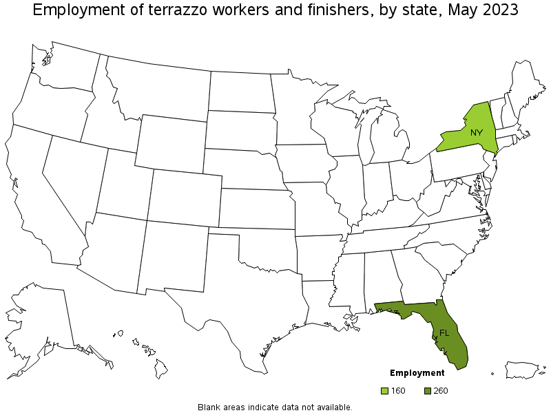 Map of employment of terrazzo workers and finishers by state, May 2023