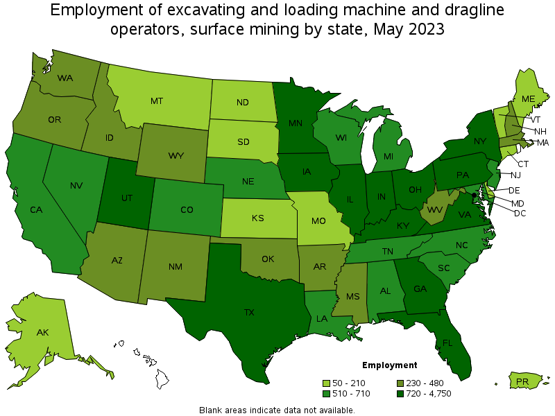 Map of employment of excavating and loading machine and dragline operators, surface mining by state, May 2023