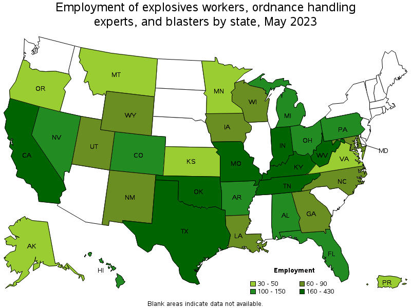 Map of employment of explosives workers, ordnance handling experts, and blasters by state, May 2023