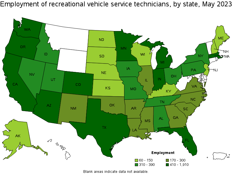 Map of employment of recreational vehicle service technicians by state, May 2023