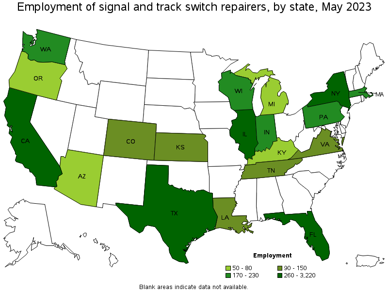Map of employment of signal and track switch repairers by state, May 2023