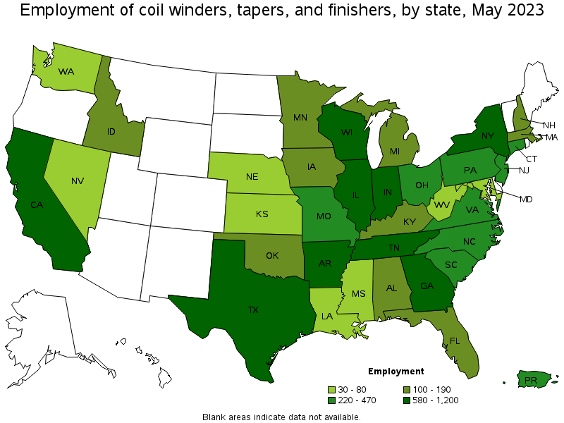 Map of employment of coil winders, tapers, and finishers by state, May 2023