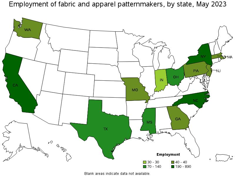 Map of employment of fabric and apparel patternmakers by state, May 2023