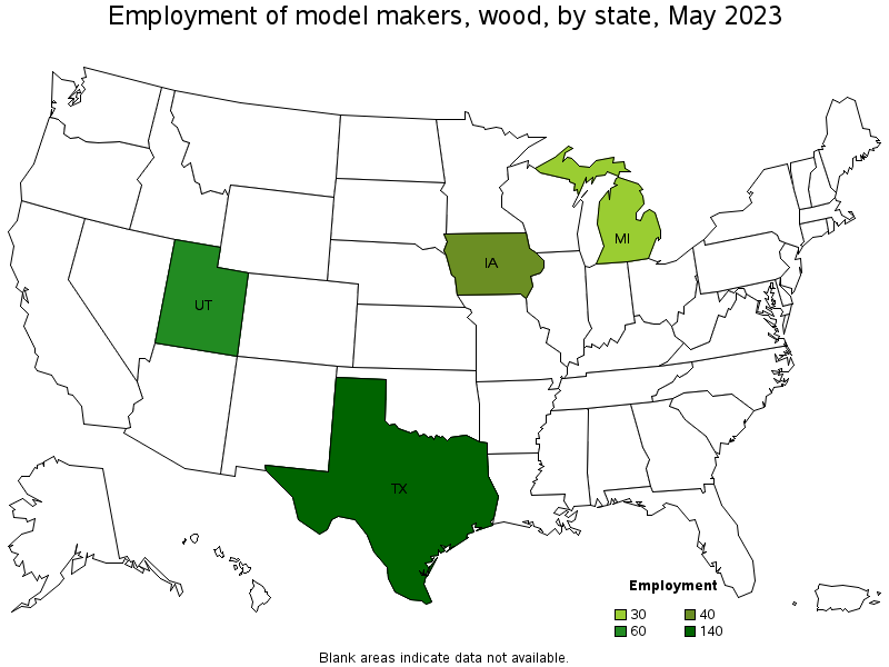 Map of employment of model makers, wood by state, May 2023