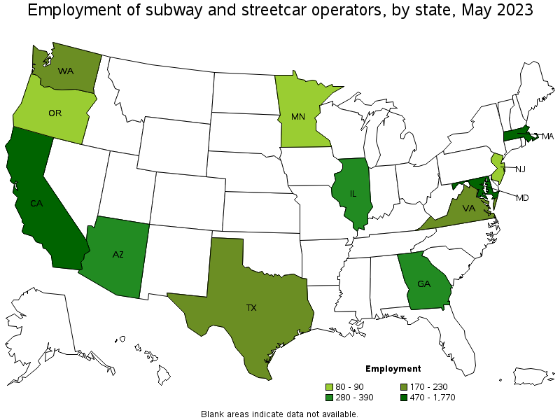 Map of employment of subway and streetcar operators by state, May 2023