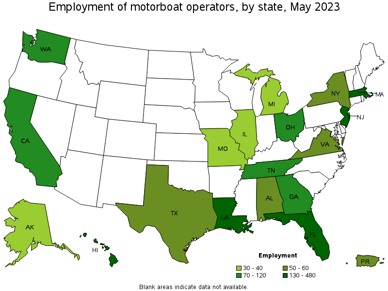 Map of employment of motorboat operators by state, May 2023