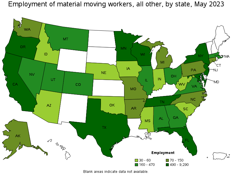 Map of employment of material moving workers, all other by state, May 2023