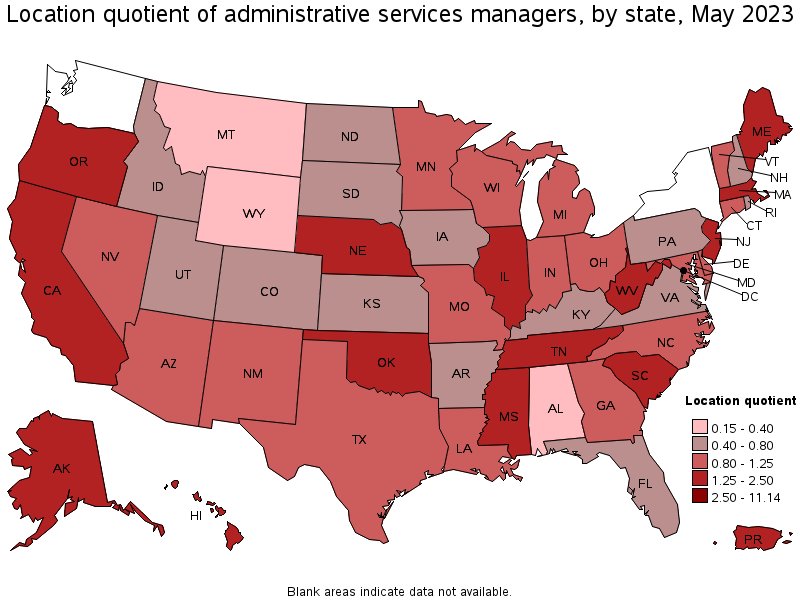 Map of location quotient of administrative services managers by state, May 2023