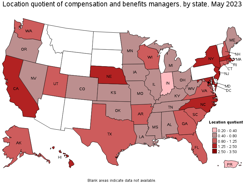 Map of location quotient of compensation and benefits managers by state, May 2023