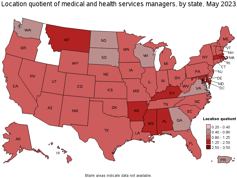Map of location quotient of medical and health services managers by state, May 2023