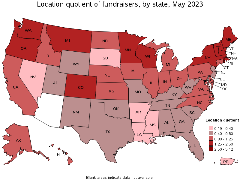 Map of location quotient of fundraisers by state, May 2023