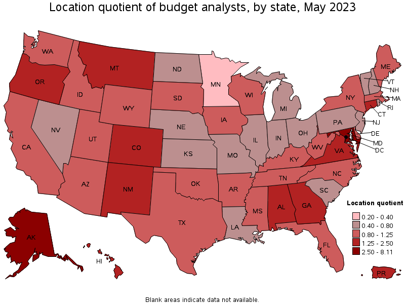 Map of location quotient of budget analysts by state, May 2023