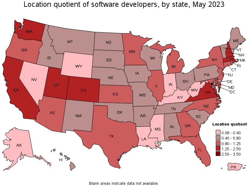 Map of location quotient of software developers by state, May 2023